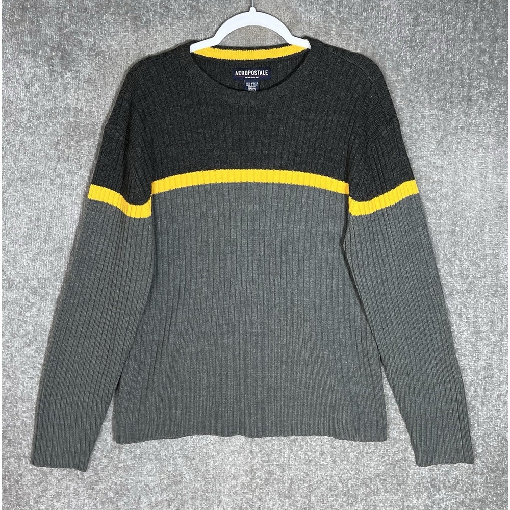 Vintage Aeropostale Ribbed Knit Colorblock Sweater Mens Sz Large Gray Yellow Y2K
